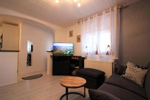 a living room with a couch and a tv at Gîte de la Liberté in Rouffach