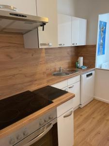 a kitchen with a stove top oven and a sink at Apartments am Brandenburger Tor in Berlin