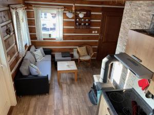 an aerial view of a living room with a stove at Modern chalet Na Zlatníku in Zlatá Olešnice