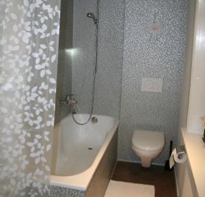 een badkamer met een bad, een toilet en een douche bij Ferienwohnung Rothorn Meiringen in Meiringen