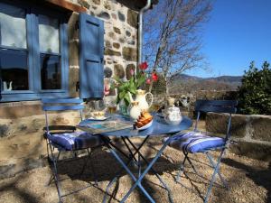einem blauen Tisch mit Stühlen und einer Vase darauf in der Unterkunft Gîte Langeac, 2 pièces, 2 personnes - FR-1-582-74 in Langeac