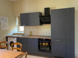 a kitchen with gray cabinets and a table with a tableablish at Gîte élégant avec jardin privé, climatisation et parking à Ainay-le-Vieil - FR-1-586-7 in Ainay-le-Vieil