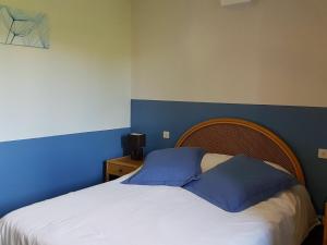 een slaapkamer met een groot bed met een blauwe muur bij Gîte Sury-en-Vaux, 3 pièces, 4 personnes - FR-1-586-3 in Sury-en-Vaux