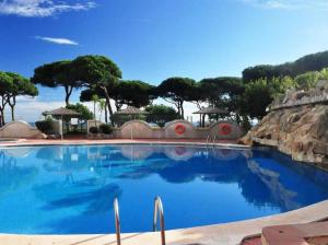 a large blue swimming pool with trees in the background at Apartment direkt am Strand in Blanes