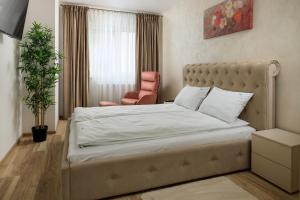 um quarto com uma cama grande e uma cadeira em Brasov Holiday Apartments em Brasov