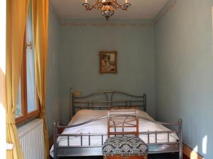 una camera con letto e lampadario a braccio di Ferienwohnung Am Roten Schloss a Glashütte