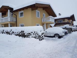 een sneeuwbedekte tuin met auto's die voor een huis geparkeerd staan bij Apartment Maria in Schlitters