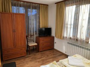 1 dormitorio con TV, 1 cama y 1 silla en Guest Rooms Vachin, en Bansko