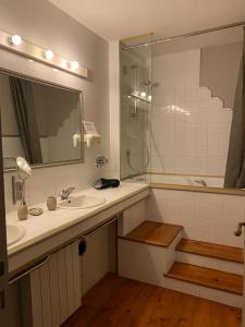 La salle de bains est pourvue d'un lavabo, d'une douche et d'un miroir. dans l'établissement La Forge, à Rustrel