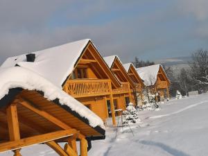 una fila de casas de troncos en la nieve en Domki Wypoczynkowe Zadzielanka en Żywiec