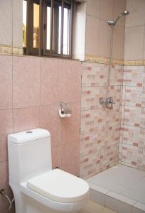 ein Bad mit einem WC und einer Dusche in der Unterkunft Hôtel Marbella in Lomé
