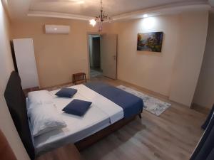 Un dormitorio con una cama con almohadas azules. en Çınar Residance, en Demre