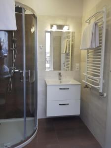 uma casa de banho com um chuveiro, um lavatório e um espelho. em Apartament Przy Placu Piastowskim em Jelenia Góra