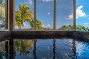a room with a pool of water with four windows at Vert Ocean in Le Marin