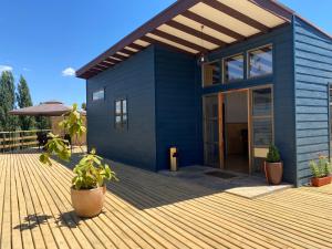 a blue house with potted plants on a deck at Ecoraleo in Concepción