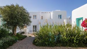 a garden with flowers in front of white buildings at Majo Suites Hotel in Agia Anna Naxos
