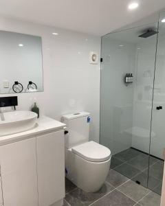 a bathroom with a toilet and a sink and a shower at KI Seafront Holiday Park in Penneshaw