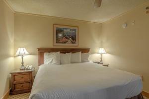 a bedroom with a large white bed with two lamps at Grand Lodge Condo in the Heart of Mt CB condo in Crested Butte