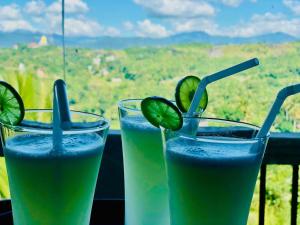 two drinks sitting on a window sill with a view at The Delight Residence in Kandy