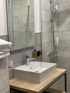ein Badezimmer mit einem weißen Waschbecken und einer Dusche in der Unterkunft Altrimo Hotel in Rybatschi
