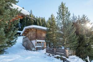 una cabaña de madera en el bosque en la nieve en Hochfügenblick-ski- und Wanderhütte, en Hochfügen