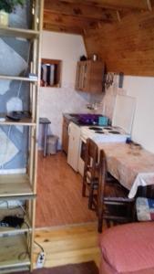 een kleine keuken met een tafel en een fornuis bij Vikend Kuca Milica in Kopaonik +6 foto's