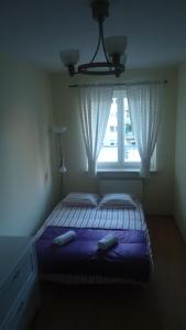 1 dormitorio con 1 cama con 2 almohadas y ventana en Kabaty Point, en Varsovia