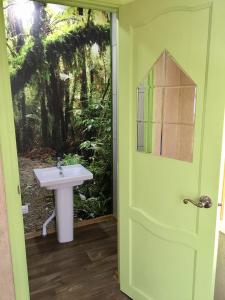 a bathroom with a sink and a door at House on the Tree in Petrovo
