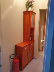 a wooden cabinet with a potted plant on top of it at Apartman "MILLAN 2" in Prijedor