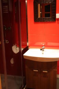 uma casa de banho com paredes vermelhas, um lavatório e um chuveiro em Oaza Spokoju em Łokciowe