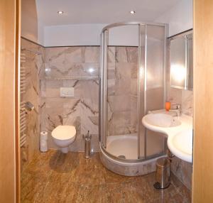 a bathroom with a shower and a toilet and a sink at Hotel Restaurant Sidan in Schwendau