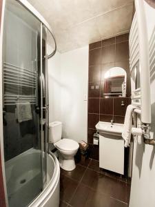 a bathroom with a shower and a toilet and a sink at Guest House Lviv in Lviv