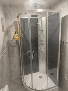 y baño con ducha y puerta de cristal. en Chambre lit double, en Chambray-lès-Tours