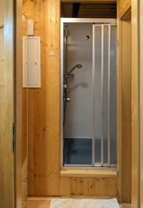 baño con ducha y puerta de cristal en Waldnest Odenwald - Waldhauszimmer en Wald-Michelbach