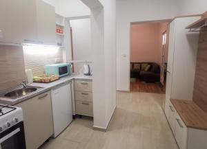 eine kleine Küche mit einer Spüle und einer Mikrowelle in der Unterkunft Zagreb Creative Apartments APP 5 in Zagreb