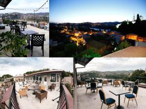 un collage di foto con tavoli e sedie sul tetto di Green Flower Hotel a Kutaisi