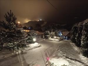 a snowy street at night with a fire in the distance at Dom Sosenek in Kluszkowce