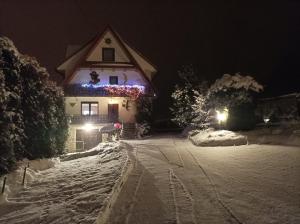 a house with christmas lights on the side of it at Dom Sosenek in Kluszkowce