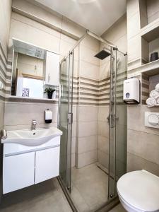 a bathroom with a shower and a sink and a toilet at Mavalux apartments in Tivat