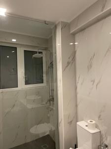 biała łazienka z prysznicem i toaletą w obiekcie Varvitsiotis Studios w Kalawricie