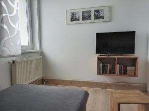 sala de estar con TV de pantalla plana en la pared en Ferienwohnung Schöne Aussicht Pension Volgenandt, en Breitenbach