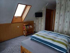 1 dormitorio con 1 cama con ventana y estante para libros en Ferienwohnung Schöne Aussicht Pension Volgenandt, en Breitenbach