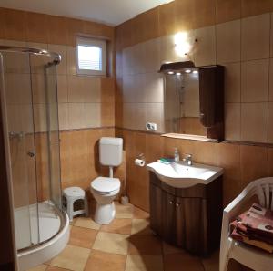 łazienka z toaletą, umywalką i prysznicem w obiekcie Sunshine Apartment w Hajduszoboszlo