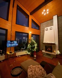 a living room with a christmas tree and a fireplace at Sirnea Chalet in Şirnea