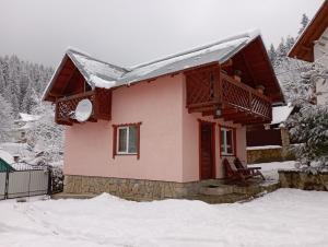 Holiday Home Melodiya Karpat في ياريمتشي: منزل وردي صغير في الثلج