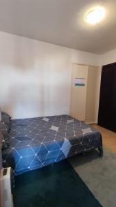 a bedroom with a blue bed in a room at Habitación con cama doble, piso compartido en Avenida Blasco Ibáñez in Valencia