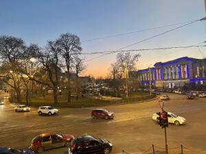 una strada cittadina con auto parcheggiate sulla strada di Voyage a Odessa