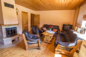 a living room with leather furniture and a fireplace at Brīvdienu mājas Pārupes in Bauska