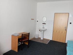 卢捷纳普德克利诺夫琴Pension Hraničář的一间带水槽、桌子和镜子的浴室