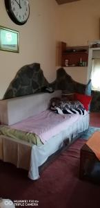 a bed in a room with a clock on the wall at Το μικρό σπίτι στο λιβαδι in Ioannina